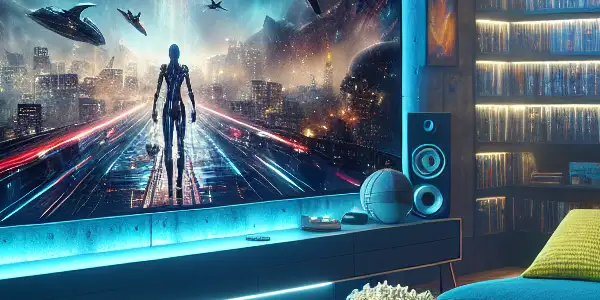 A cozy living room with a large TV, stylish sofa, popcorn, and a starry night view for movie watching.