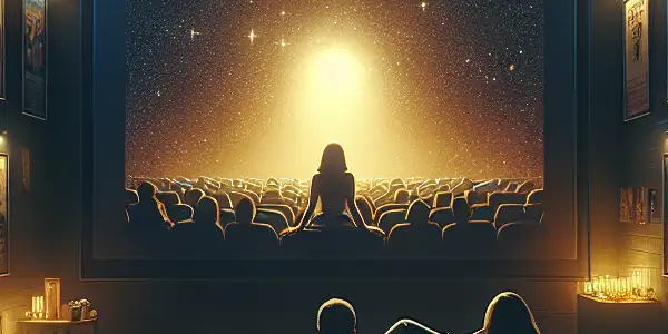 A cozy home theater scene with a person enjoying a movie, surrounded by popcorn, drinks, and film posters.