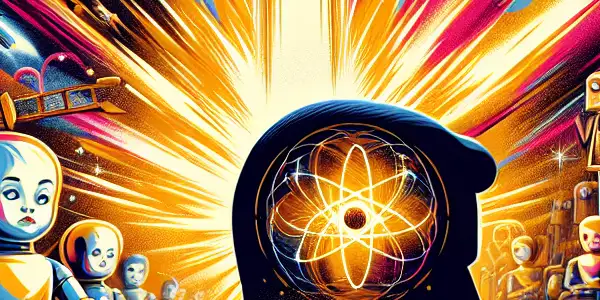 A vibrant movie poster featuring a scientist before a nuclear explosion, surrounded by playful Barbie elements and cosmic scenes.