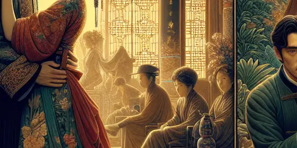 A couple in an ornate Chinese setting, embracing amidst traditional art elements and subtle modern filmmaking symbols.