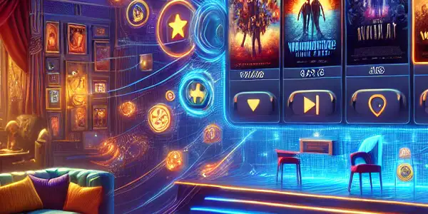 A vibrant digital scene of a cozy home theater showcasing a futuristic online movie platform with various genres and fast download visuals.