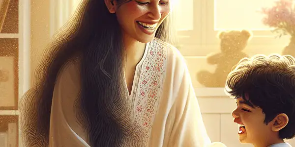 A young mother joyfully plays with her son in a cozy, sunlit living room filled with toys and books.