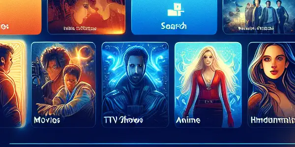 A modern movie streaming platform interface featuring vibrant thumbnails of diverse films, TV shows, and anime.