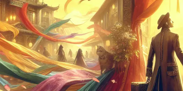 A 19th-century French silk merchant in a vibrant market, surrounded by colorful silks and hints of Eastern architecture.