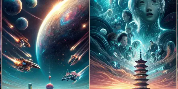 A dynamic movie poster showcasing iconic scenes from contemporary Chinese cinema, blending sci-fi and heartfelt drama.